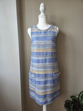 Akemi + Kin Anthropologie Blue Tweed Fringe Shift Dress Sleeveless Pockets